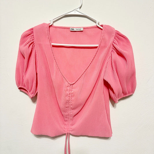 ZARA Blouse Women Size Medium Puff Sleeve Cropped Ruffled Textured V Neck Barbie