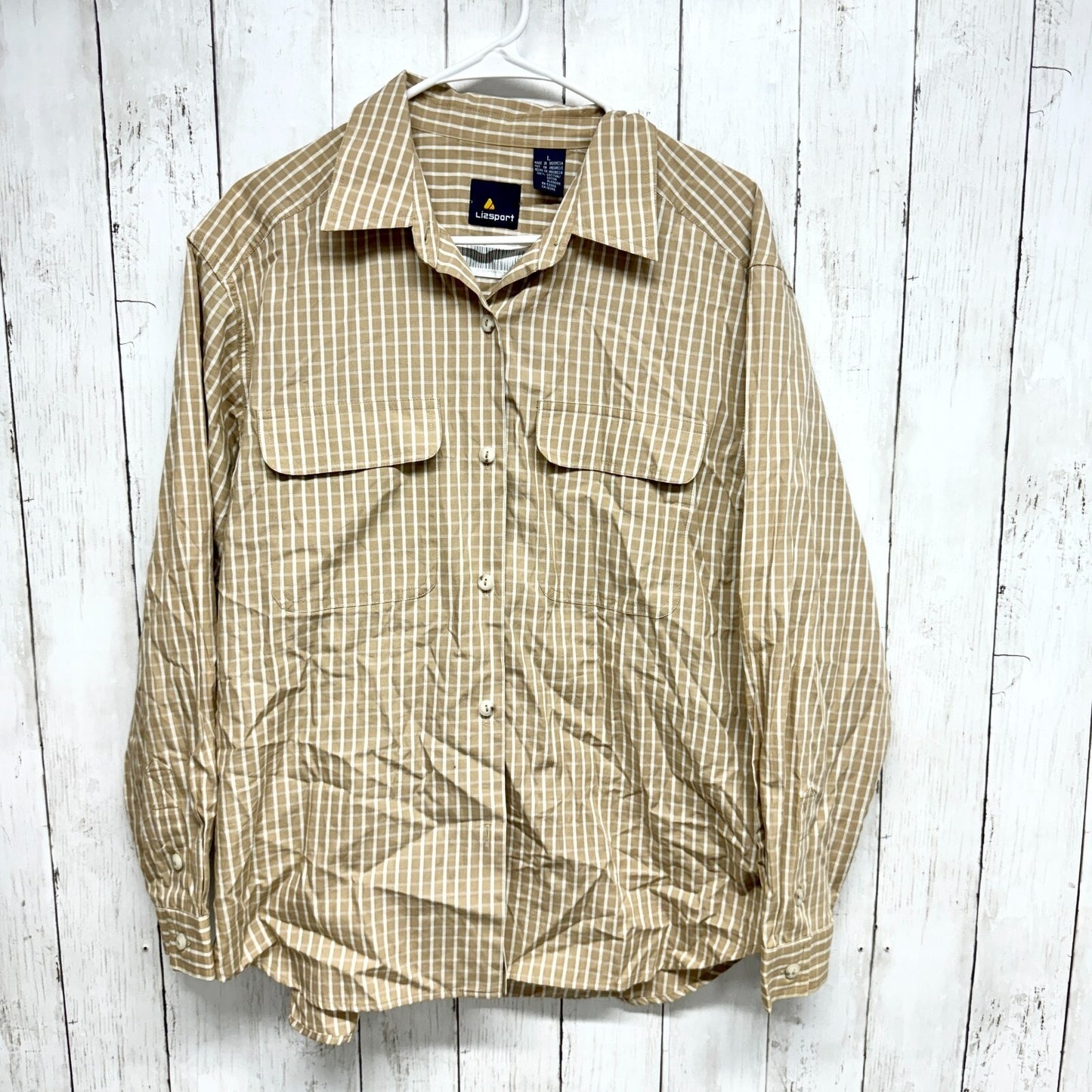 LizSport Shirt Men Size Large Tan Plaid Collared Cotton Long Sleeve Button Down