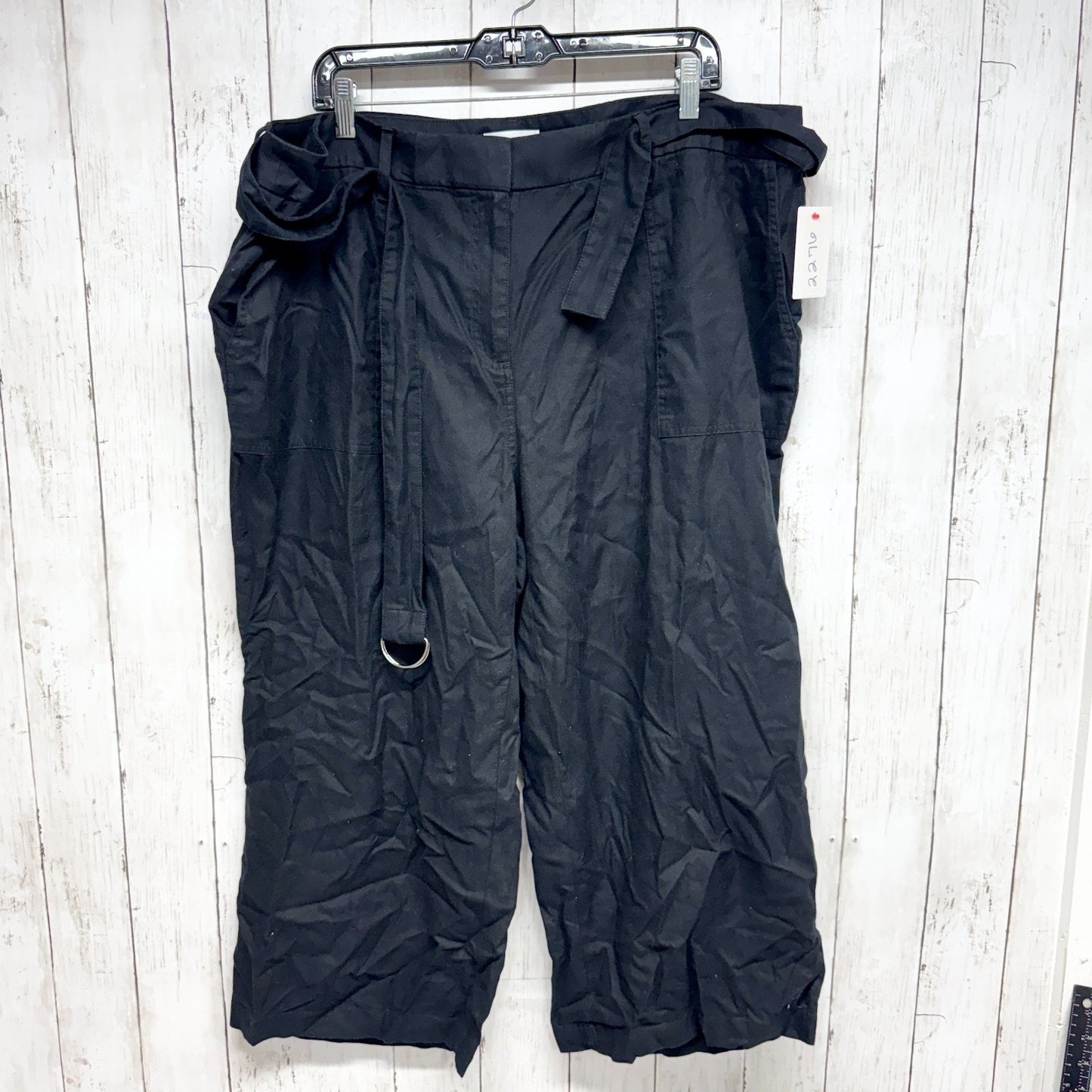 Calvin Klein Pants Women 16W Black Crop Flared Wide Leg Belted Pockets Casual