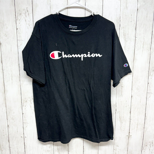 CHAMPION Unisex Size Large Black Short Sleeve Graphic Logo Cotton T Shirt Casual