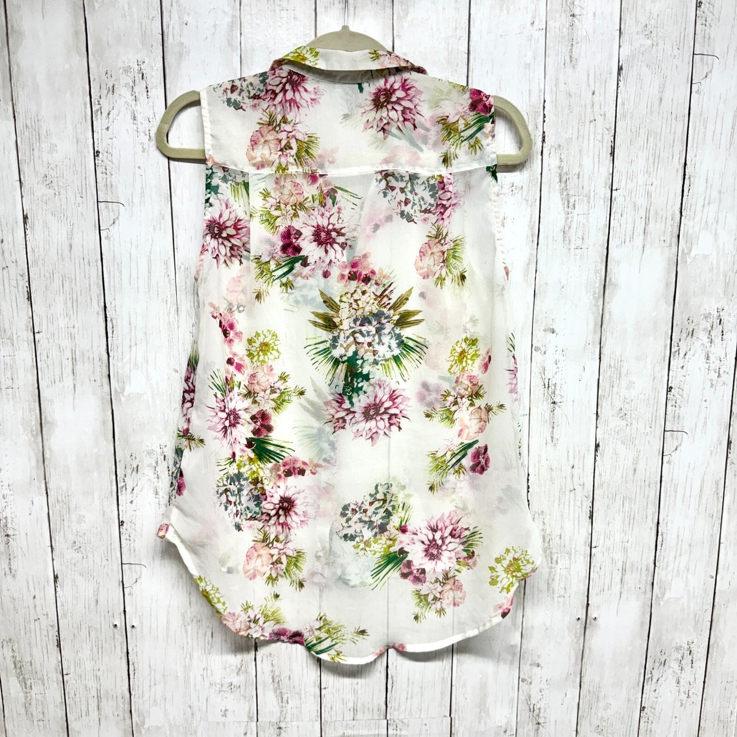 H&M Shirt Women Size 6 Tank Blouse Sleeveless Floral Button-Down Hi-Low Sheer