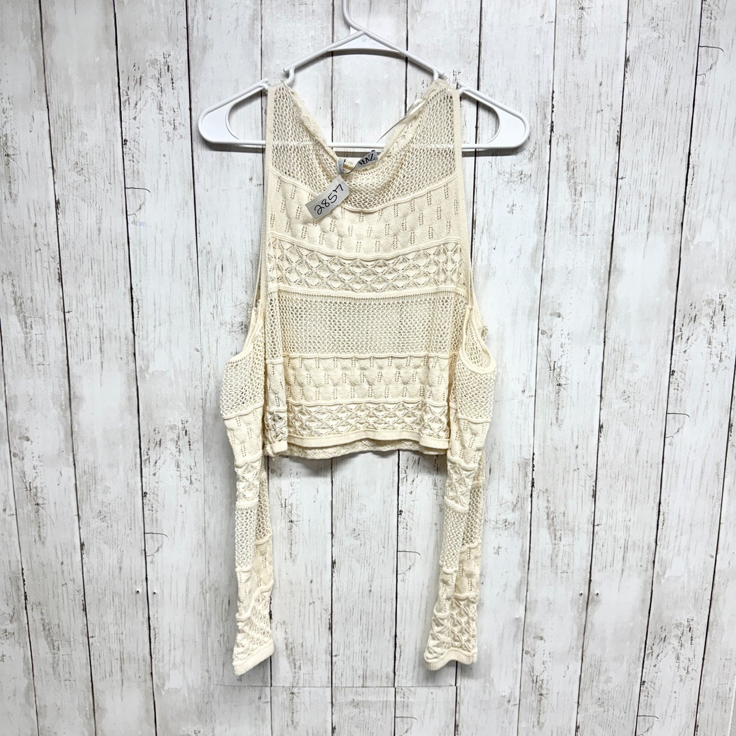 Zara Top Women Size Medium Cream Crochet Cold Shoulder Long Sleeve Crop Blouse