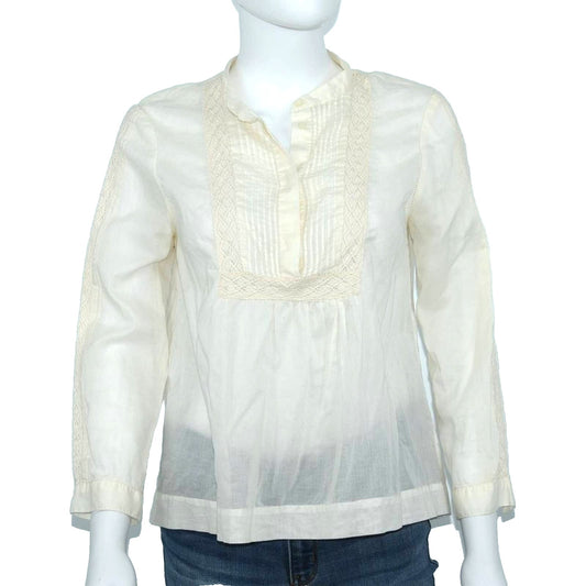 Madewell Lace Trim 1/4 Sleeve Pintuck Peasant Cream Blouse Size Small