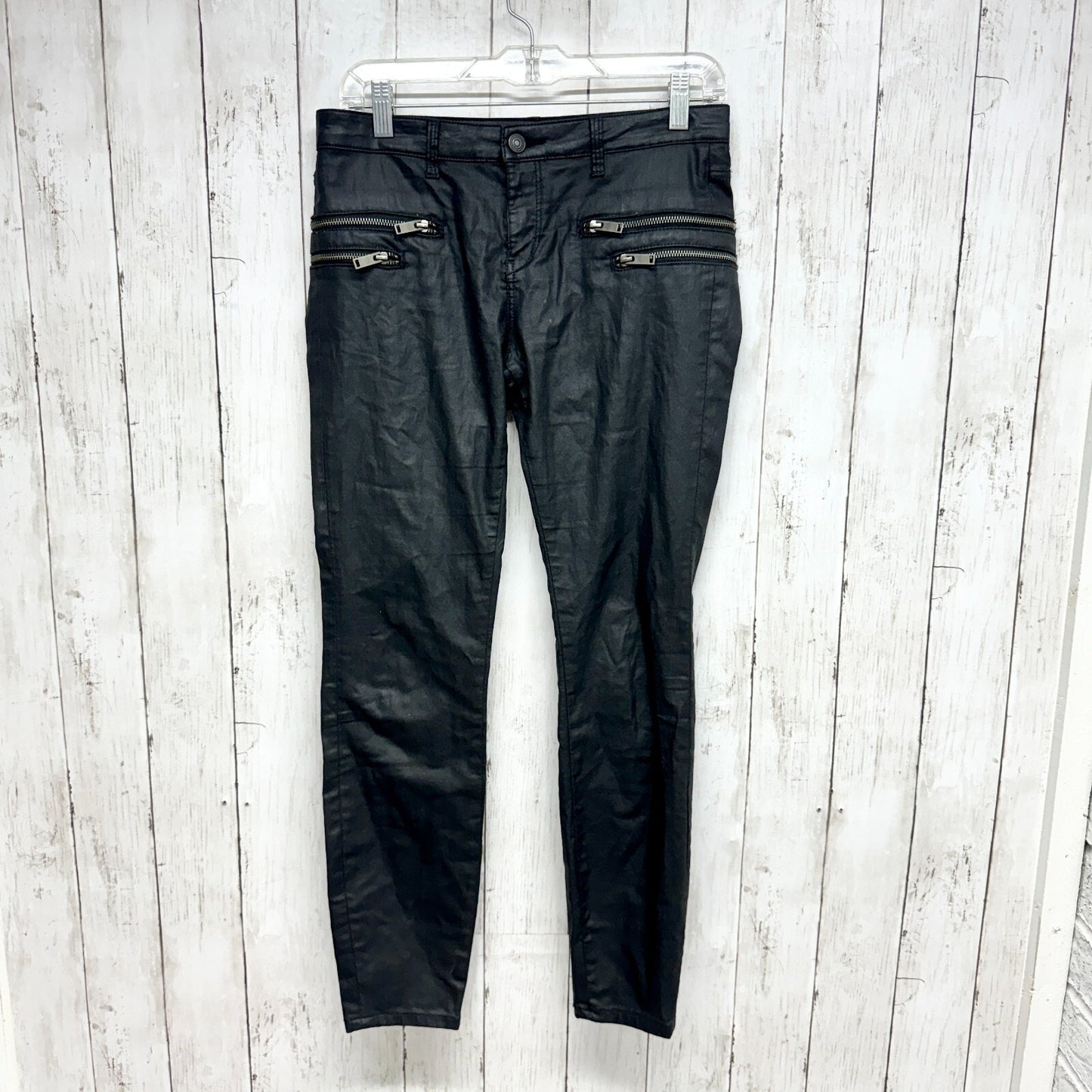 Zara Woman Pants Women Sz 6 Pleather High Rise Slim Fit Black Zip Front Pockets