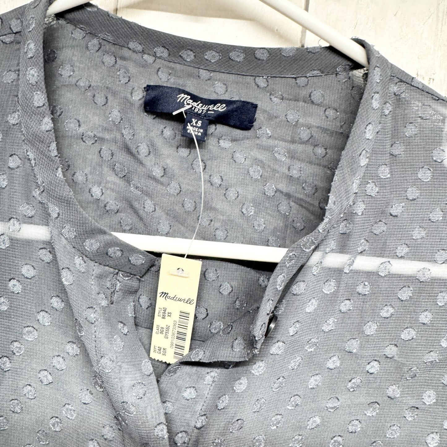 Madewell Top Women Size XS Gray Polka Dot Sheer Long Sleeve Button Down Blouse