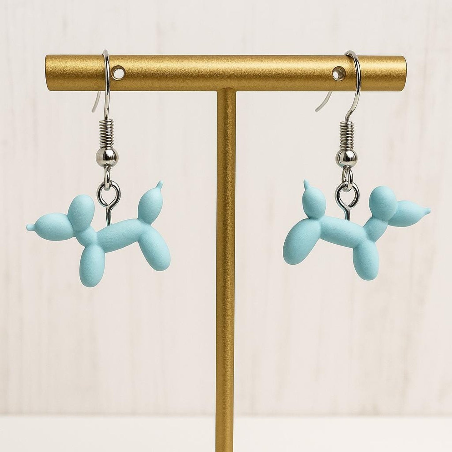 3D Printed Blue Balloon Dog Dangle Earrings Unique Design Fun Fashion Accessory