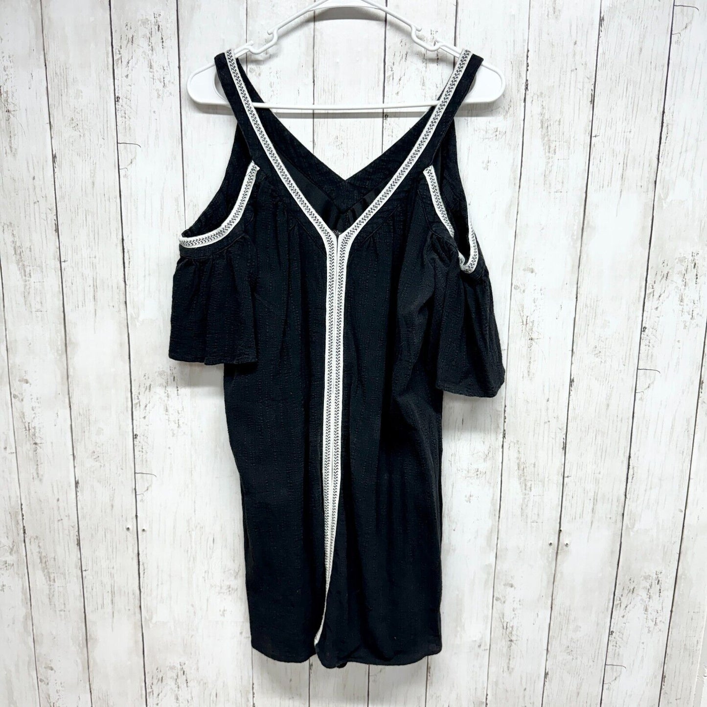 LUXOLOGY Dress Women Size 10 Black White Trim Mini Off Shoulder Cotton Boho