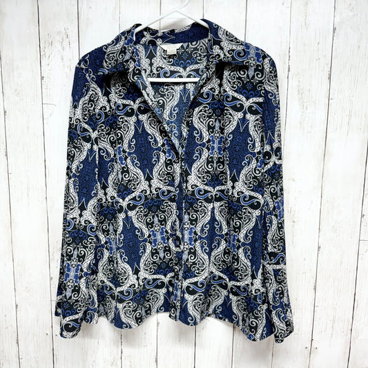 CHRISTOPHER & BANKS Shirt Women Size L Paisley Printed Button Down Blue Collar