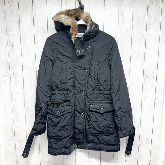 THEORY Jacket Women Size P/ Small Black Full Zip Hooded Double Pocket Black Fur