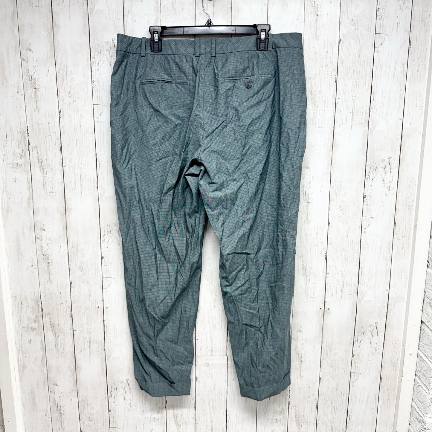 Boss Pant Men Size 12 Green Gingham Tapered Straight Trousers Dress Pants Cuffed