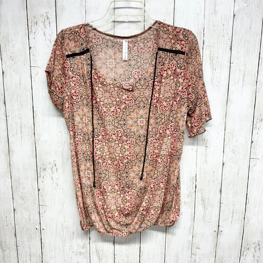 PENCEPTION Blouse Women Size L Swoop Neck Short Sleeve Floral Orange Ruffled Top