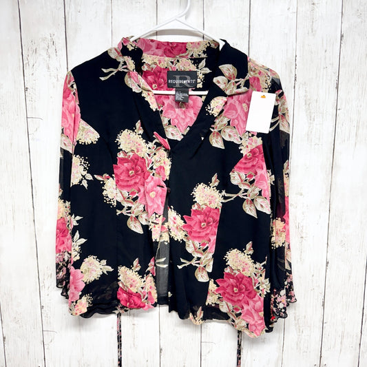 Vtg Requirements Blouse Women Size 8 Black Floral Sheer Long Sleeve Button Down