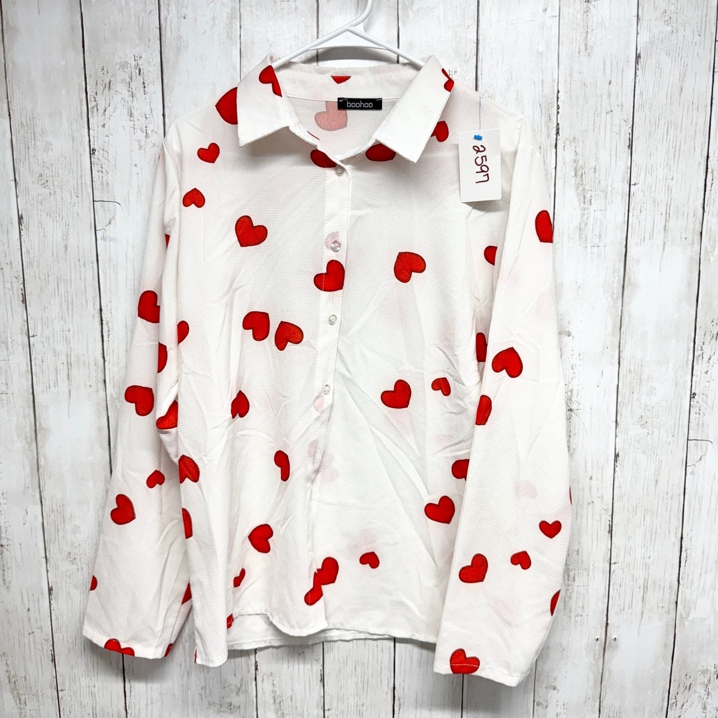 Boohoo Shirt Women Chest 42" White Heart Collared Long Sleeve Button Down Blouse
