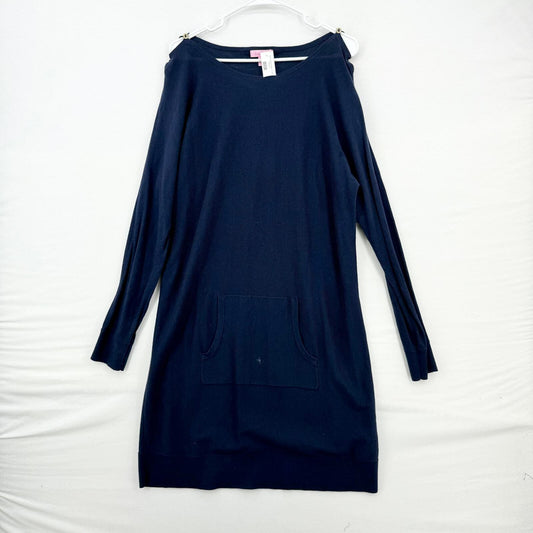 Lilly Pulitzer Midi Navy Blue Long Sleeve Wide Neck Dress Women Size Large