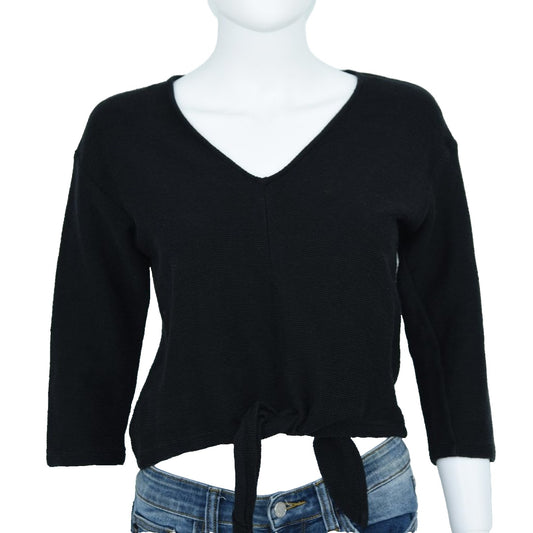 Madewell Tied Front Cropped Knit Black Long Sleeve Sweater Size Small