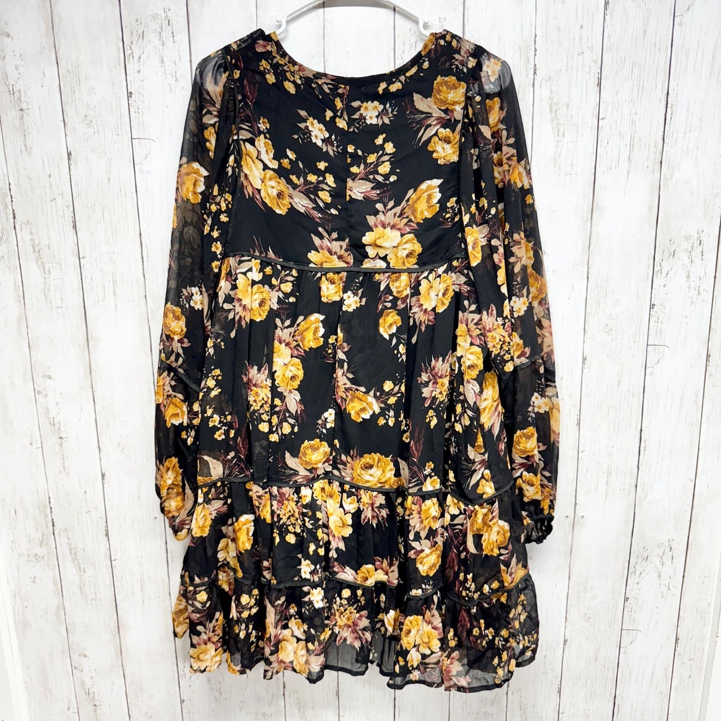 Blue Rain Dress Women Size Large Floral Ruffle Smocked Long Sleeve Swing Mini