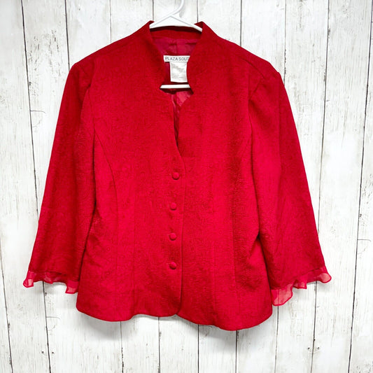 PLAZA SOUTH Blazer Women Size 10 Red Laced Trim Cuff Button Down Floral Padded