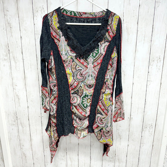 UNKNOWN Blouse Women Sz M High Low Long Sleeve Deep B Floral Paisley Multicolor