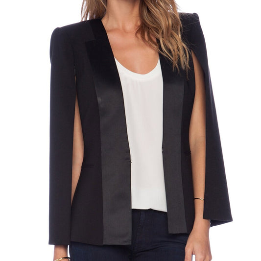BCBGMAXAZRIA Blazer Jacket Women Size M Satin Detail Cape Black Unique Design