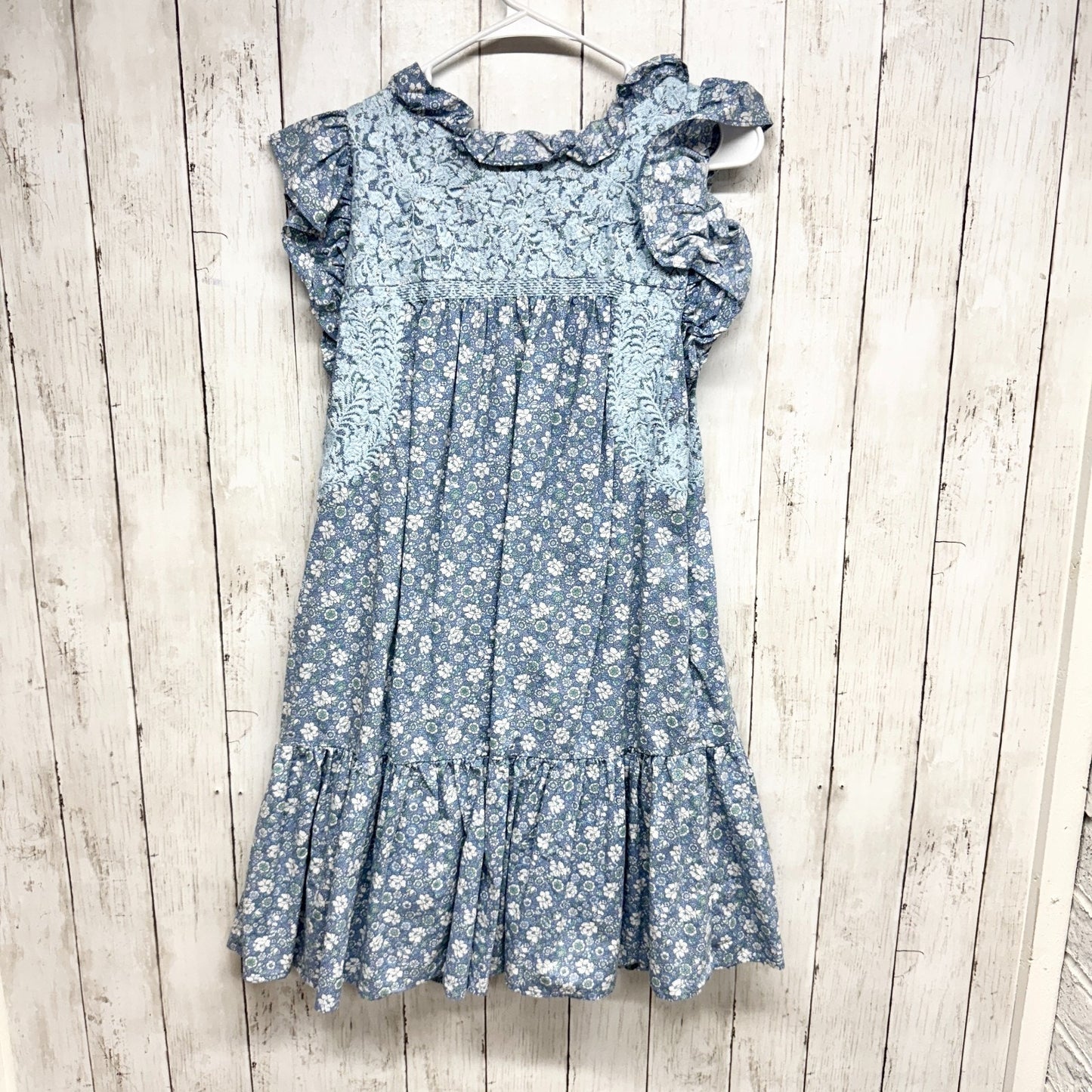 J. Marie Dress Women Size XS Blue Tiered Embroidered Midi Flutter Sleeve Pockets