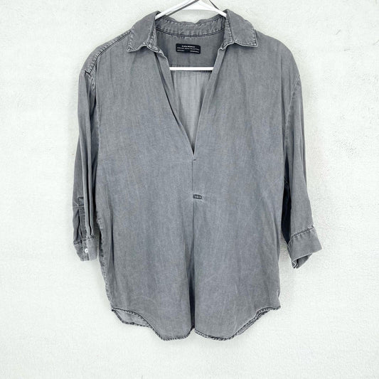 Zara Blouse Women Size XS Gray 3/4 Sleeve deep V Neck Polyester Hemmed Collared