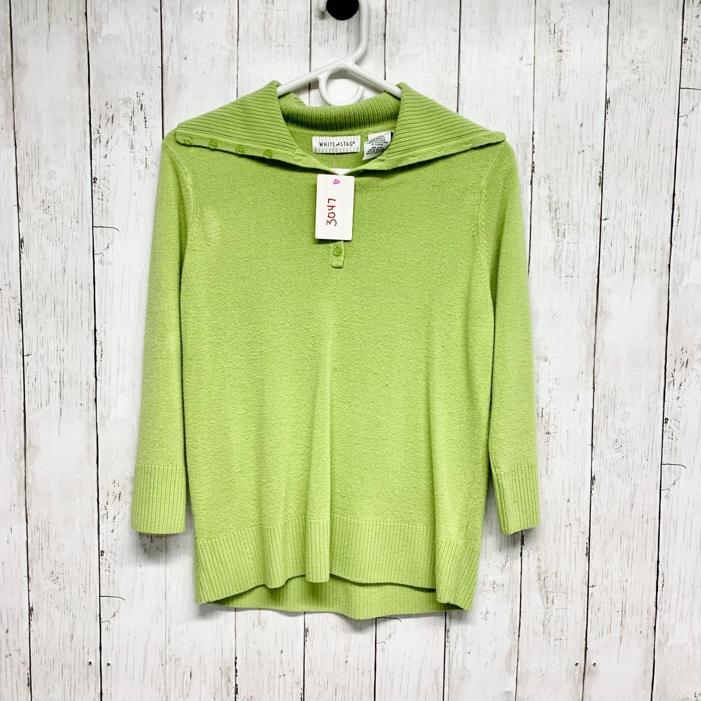Vintage White Stag Sweater Women Sz Small Green Collared Button Front 3/4 Sleeve