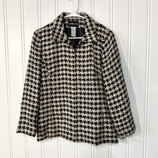 Vintage Sag Harbor Plaid Knit Collared Black Full Line Full Zip Jacket Size 12
