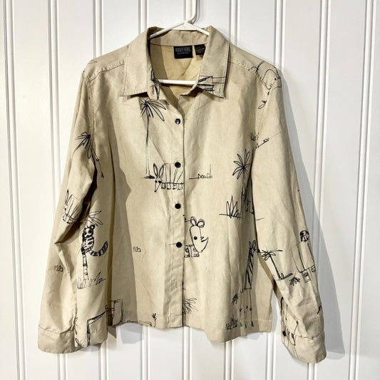 CHICOS Button Down Women SZ 3/L Polyester Animal Artwork Drawling Collared Tan
