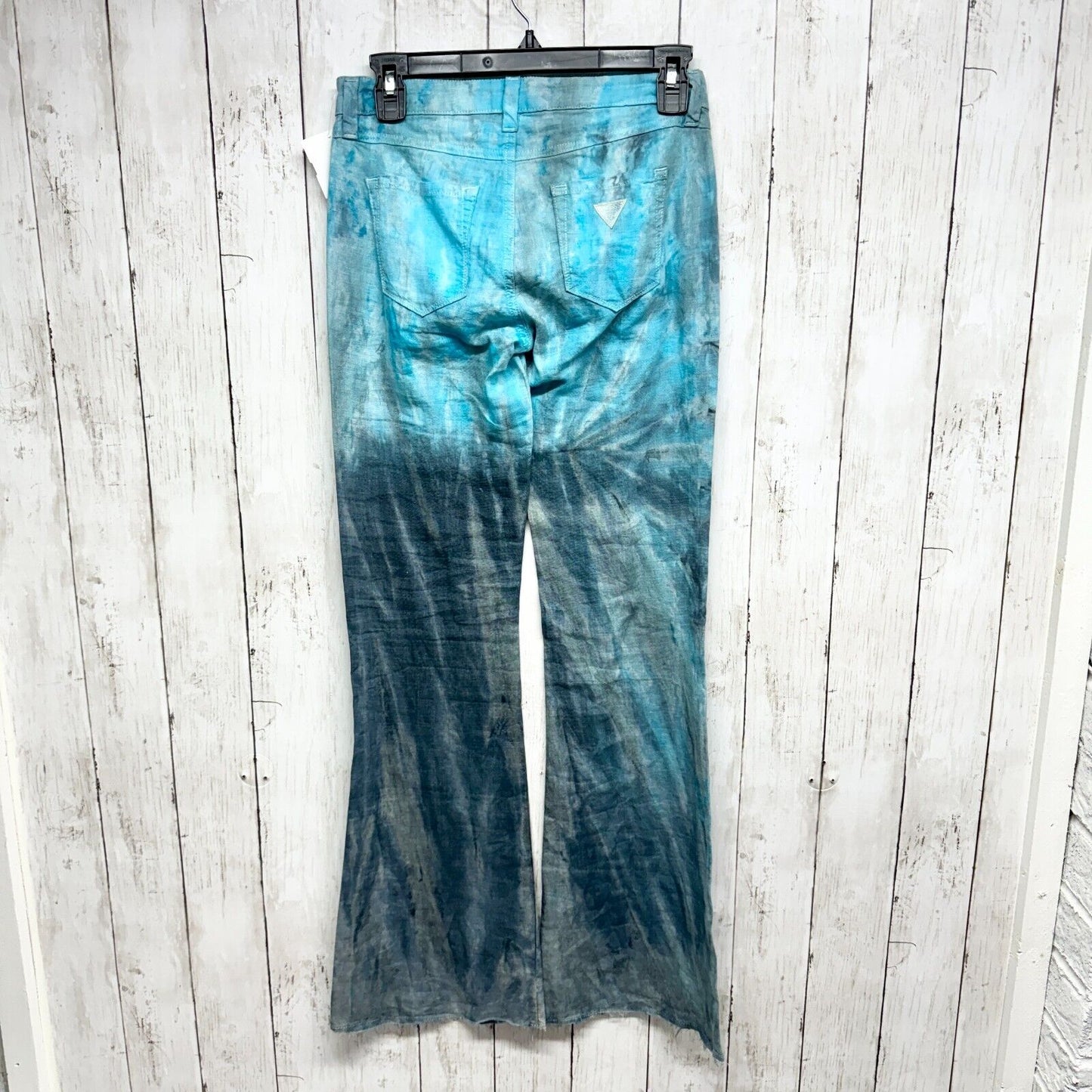 GUESS Pants Sz 23 Brittney Flare Y2K Wide Leg Blue Tie-Dye Linen 90's 100% Linen