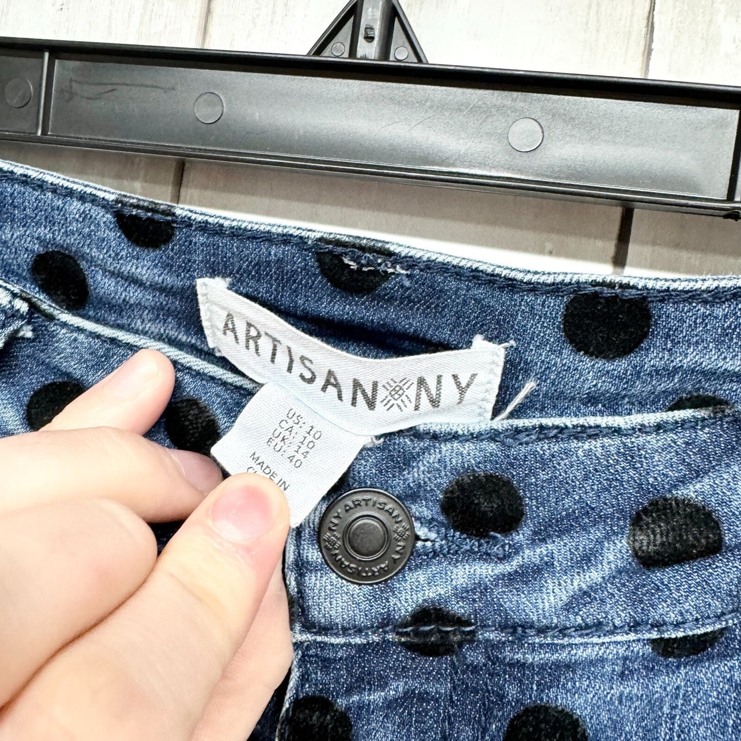 Artisans NY Jeans Women Size 10 Black Polka Dot Denim Blue Low Rise Ankle Skinny
