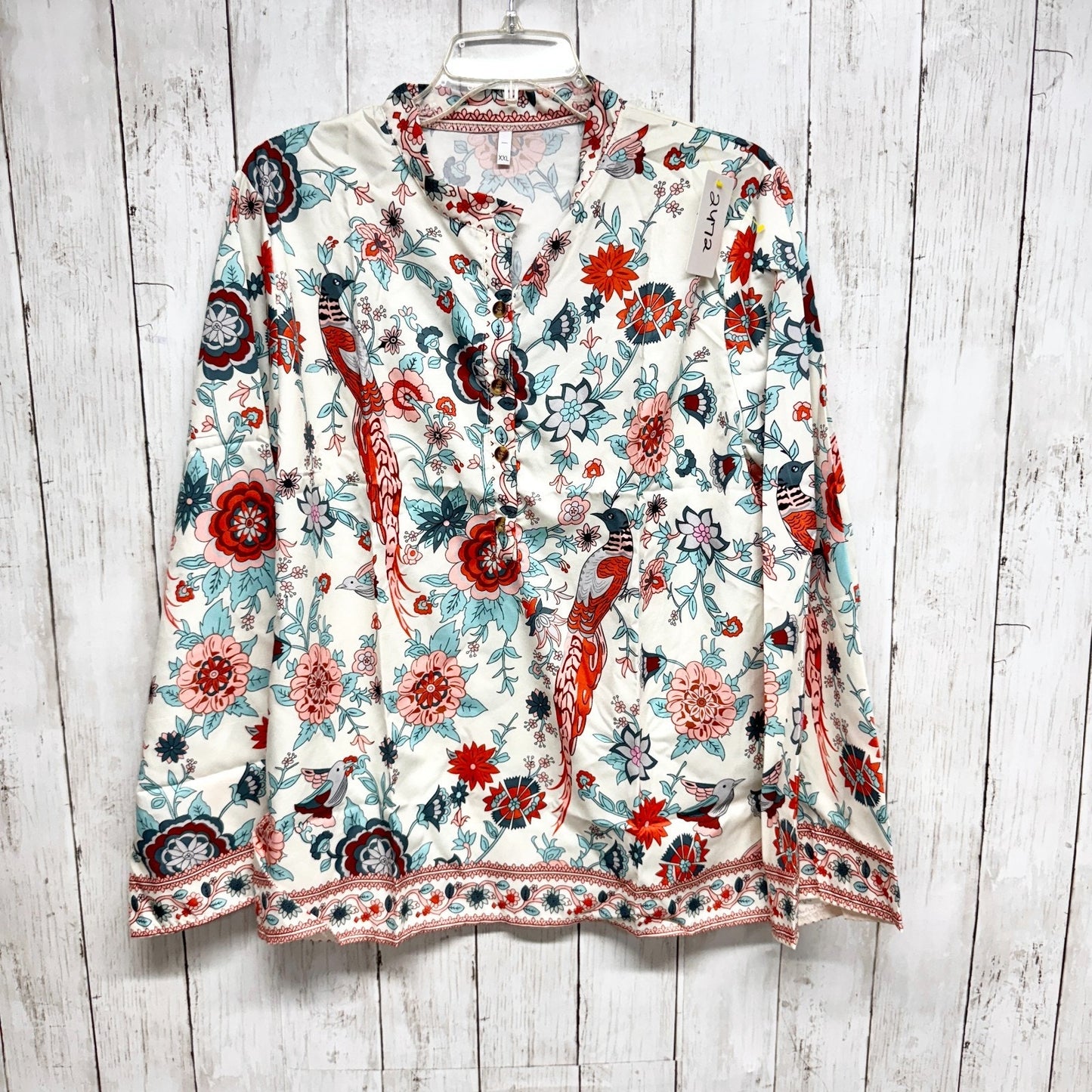 Boutique Shirt Women Size XXL White Floral Print Button Front Long Sleeve Blouse