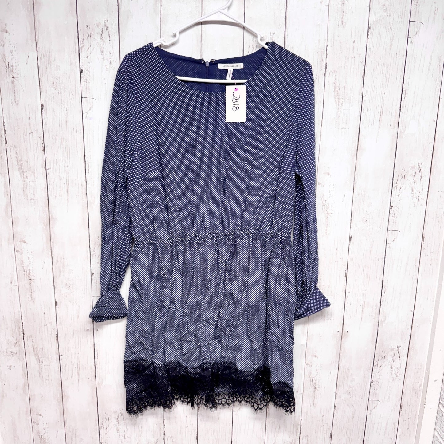 Avec Les Filles Dress Women Size Large Polka Dot Lace Trim Long Sleeve Mini Zip