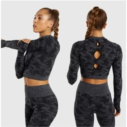 Gymshark Women ADAPT CAMO SEAMLESS LONG SLEEVE CROP TOP SIZE XS