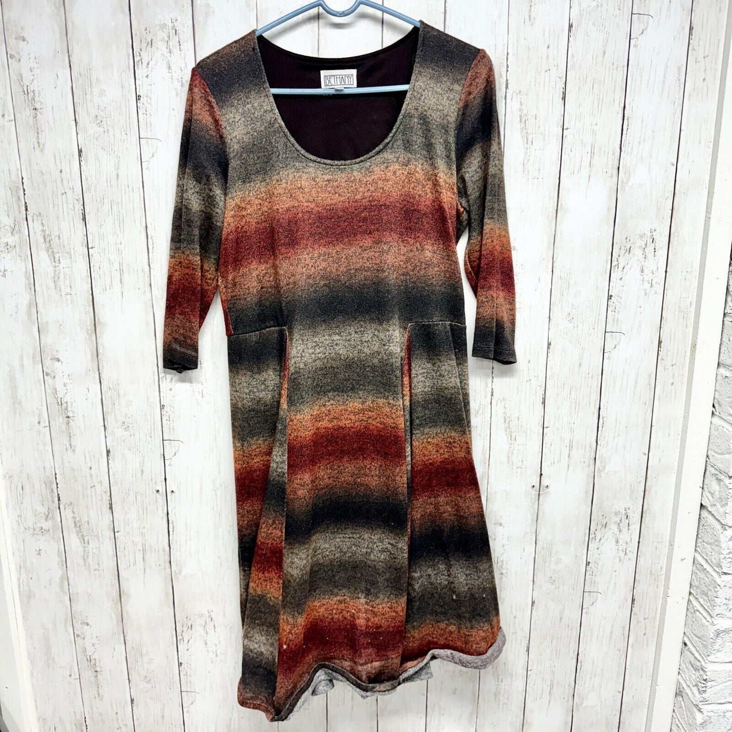 BETHANY Dress Women Size M Long Sleeve Mini Striped A line Mini Brown Pleated