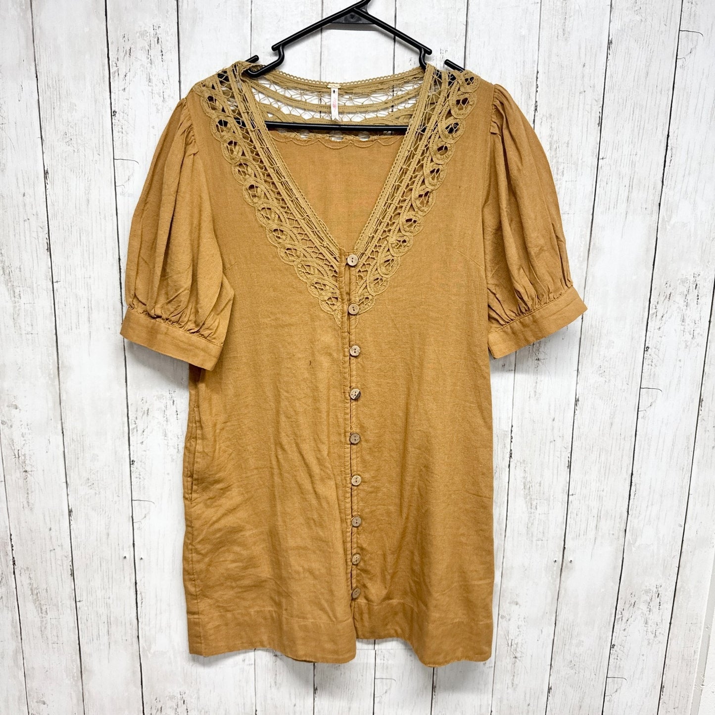 Free People Dress Women Size XS Mari Mini Gold Mustard Yellow Lace Button Front