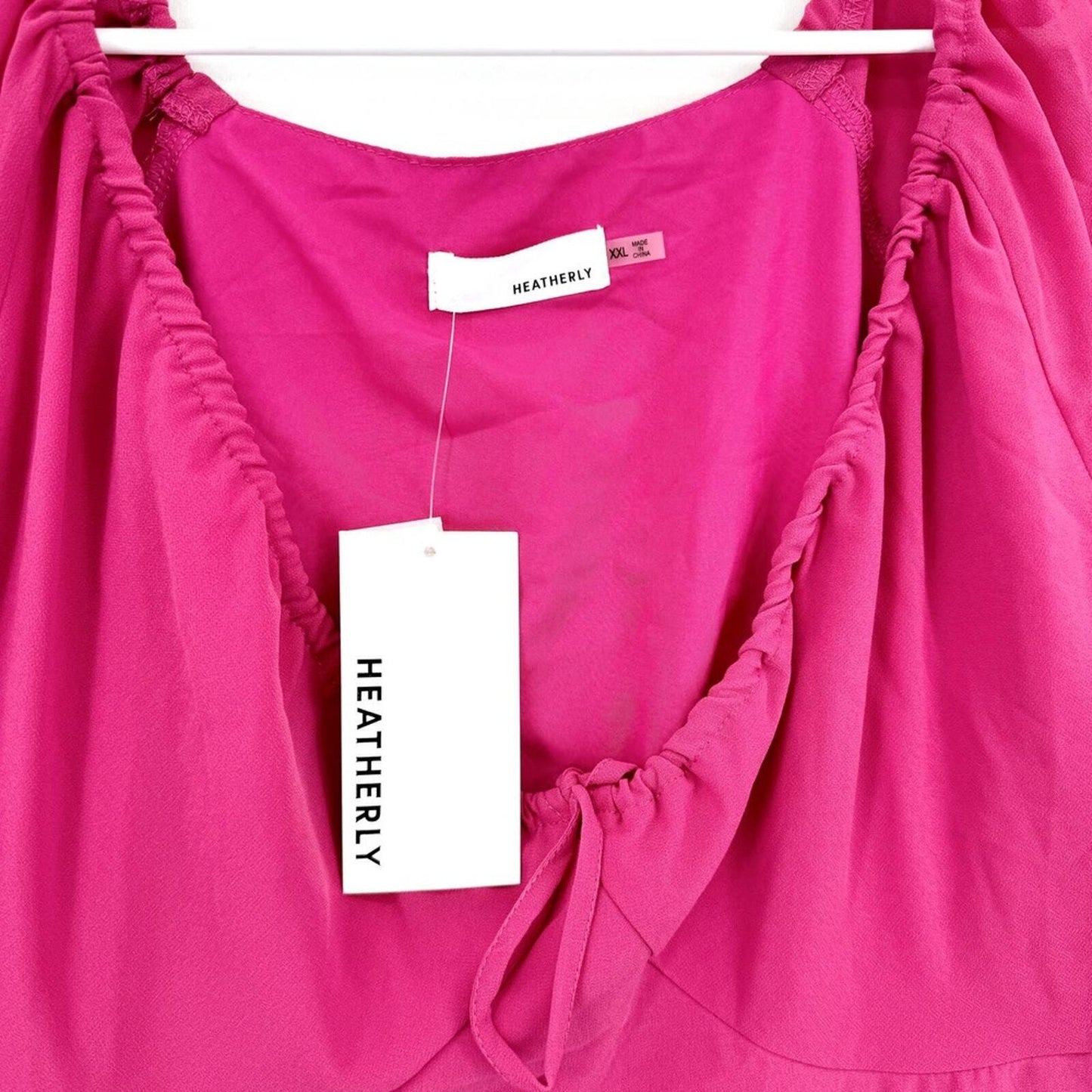HEATHERLY Blouse Women Size XXL Hot Pink Y2K V Neck Flared Sleeve Semi Sheer NWT