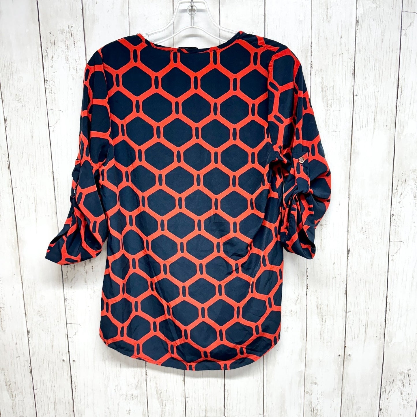 PEACH LOVE Blouse Women Size Small 1/2 Button Sleeve Geometric High Low Boho