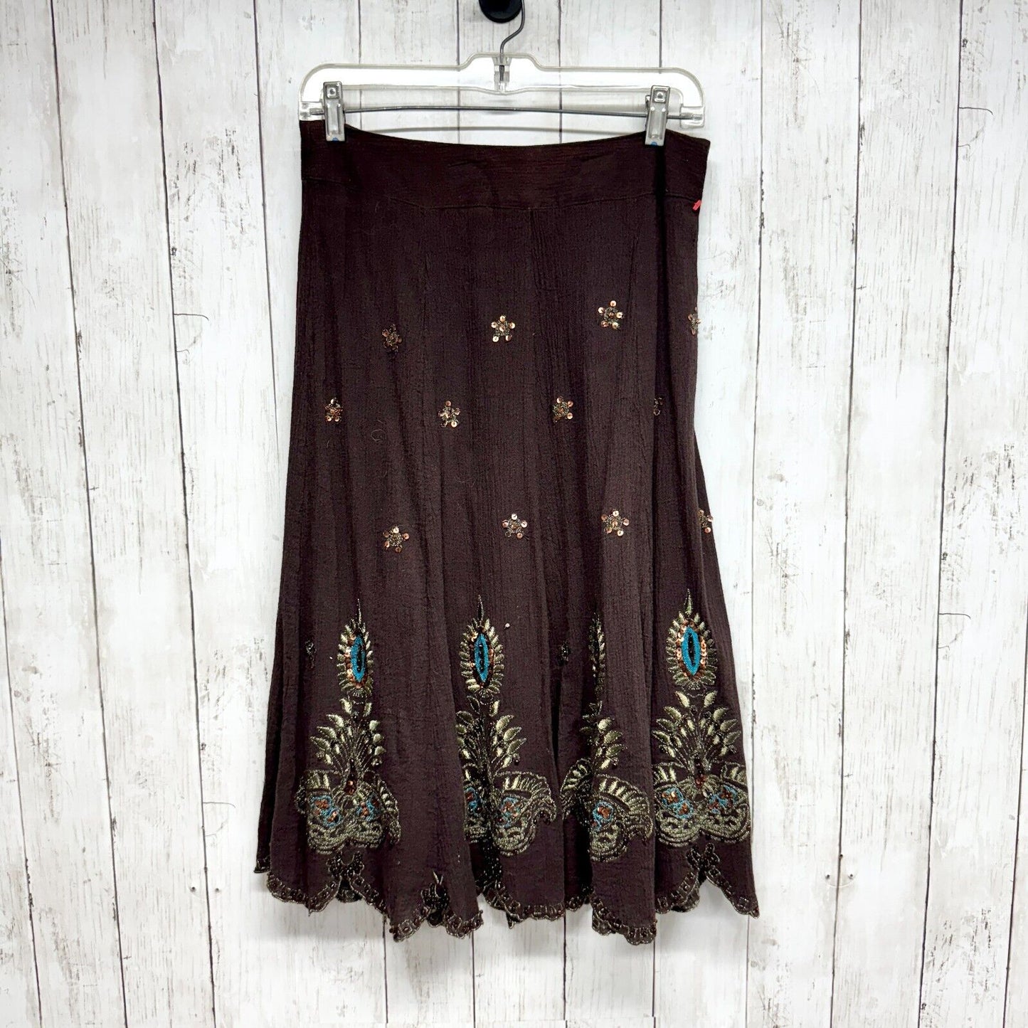 SILKLAND Skirt Women Size Midi Embroidered Brown High Waisted Tribal Boho Flowy