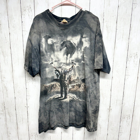 VTG Y2k Mountain XXL Indian Native American Horse Animal Nature Tie Dye T Shirt