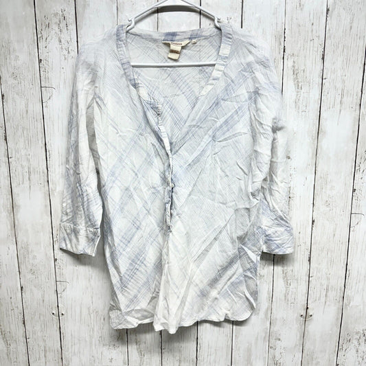 SUNDANCE Button Down Top Womens S Blue/White Textured 3/4 Sleeve 100% Cotton