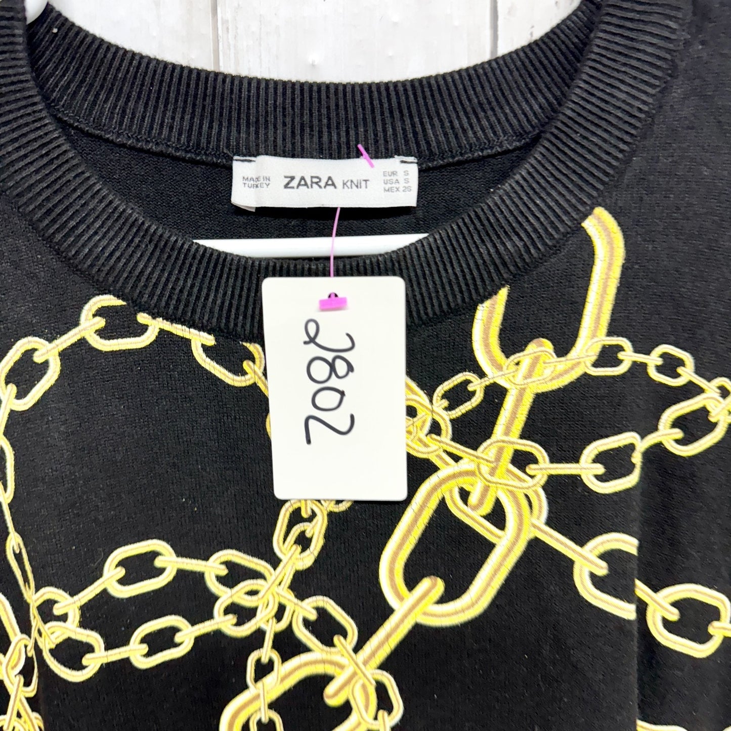 Zara Knit Sweater Women Size Small Black Gold Chain Printer Crewneck Long Sleeve