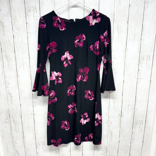 TOMMY HILFIGER Dress Size 2 Women Floral Printed Jersey Bell Sleeve Mini Black