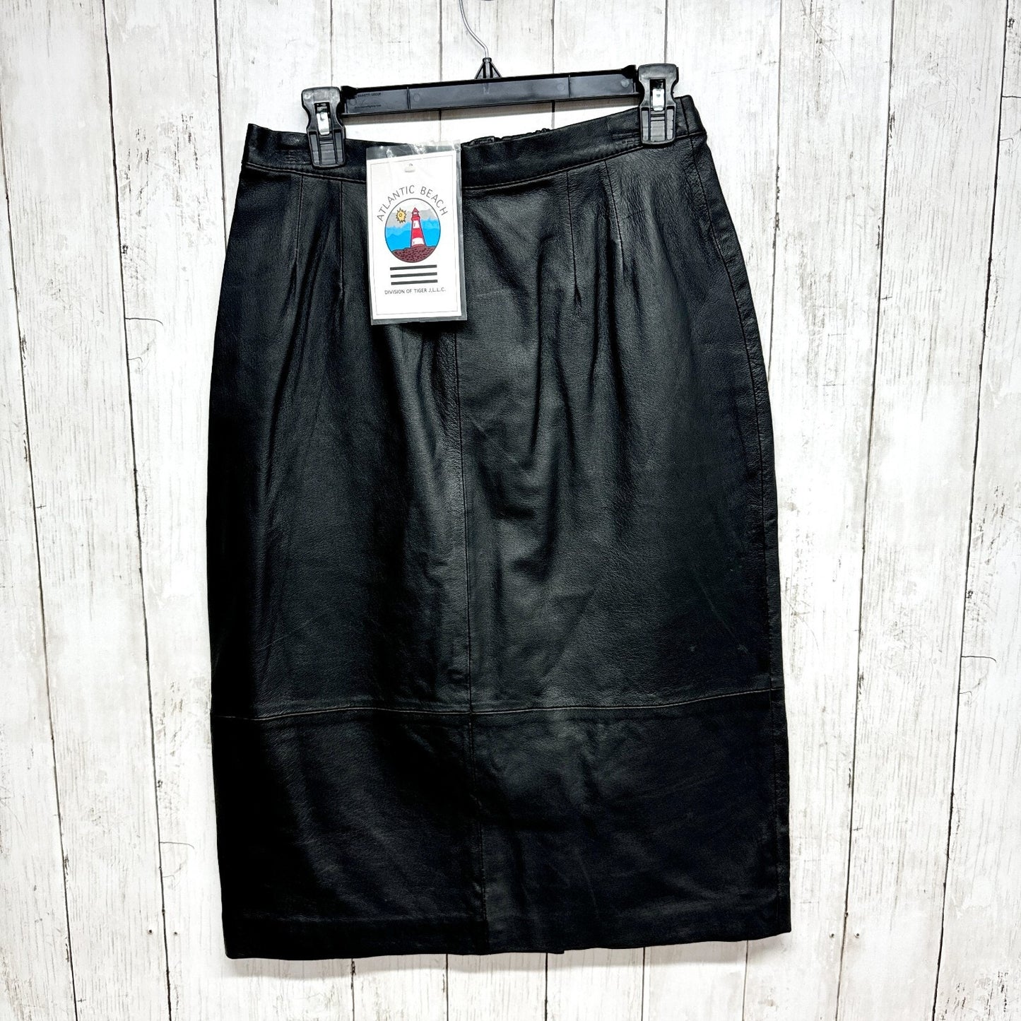 Vintage Atlantic Beach Skirt Women Medium Black Leather Midi Zip/Button Closure