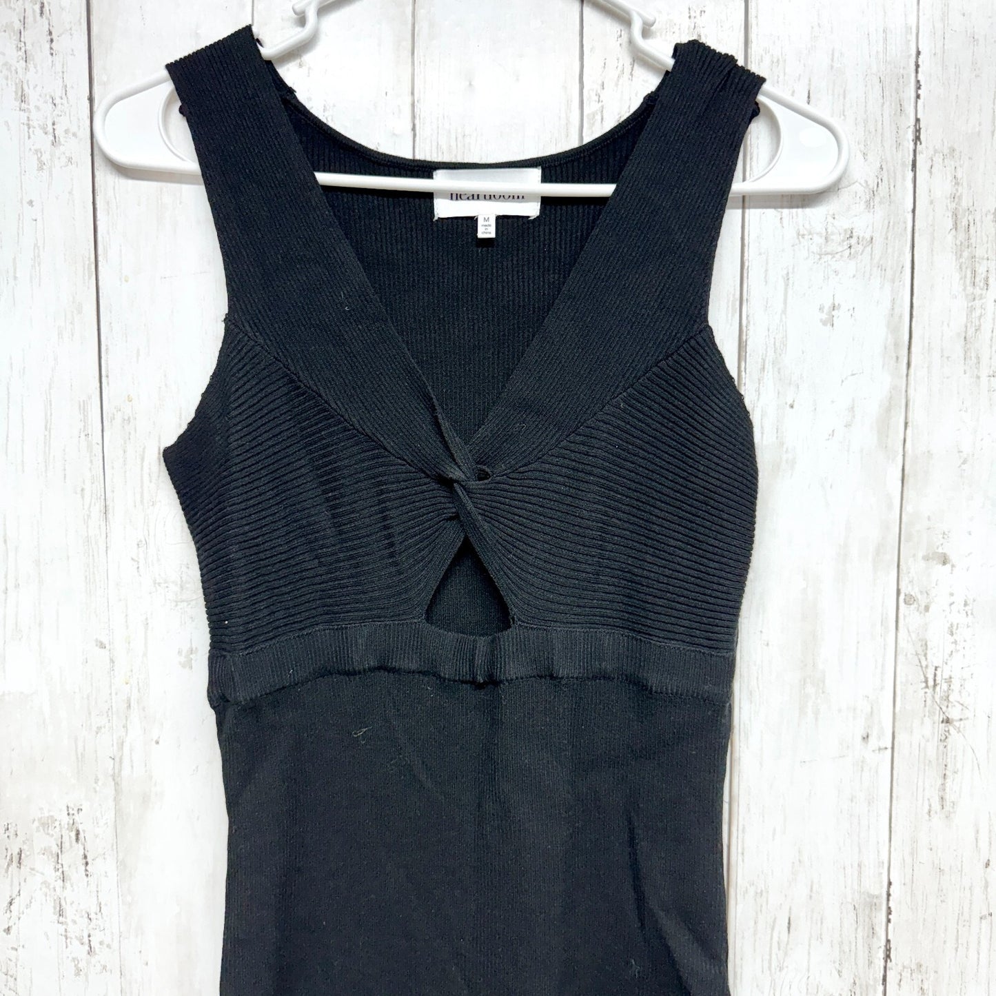 Heartloom Dress Women Size Medium Black Ribbed Vneck Knot Front Sleeveless Midi