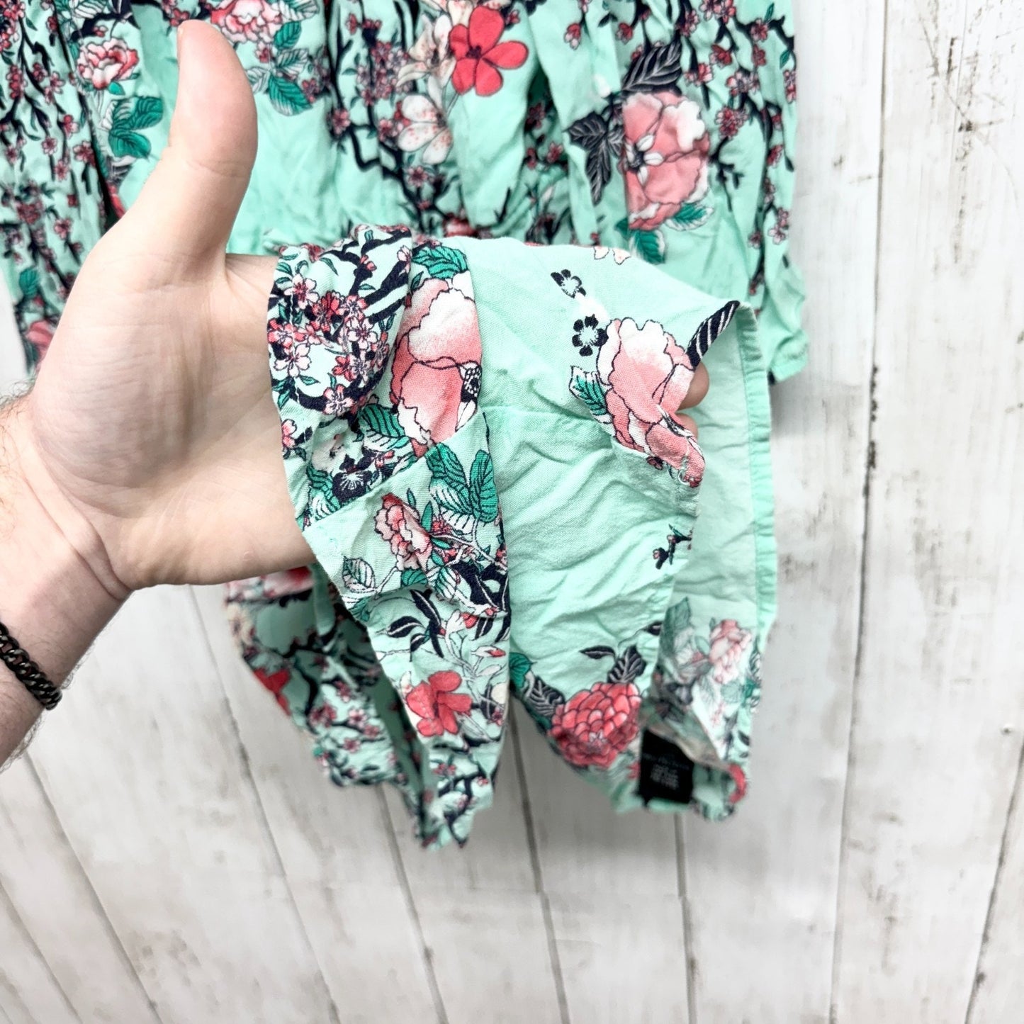 Ally B. Romper Women Size XL Off the Shoulder Long Sleeve Tie Waist Teal Floral