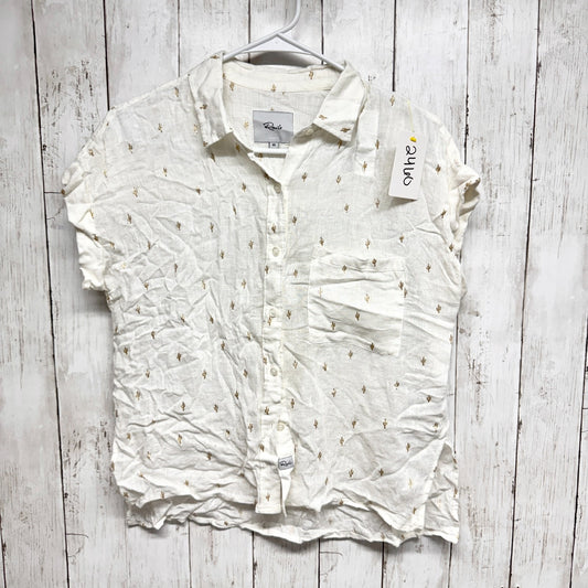 Rails Top Women Size XS White Linen Gold Cactus Short Sleeve Button Down Blouse