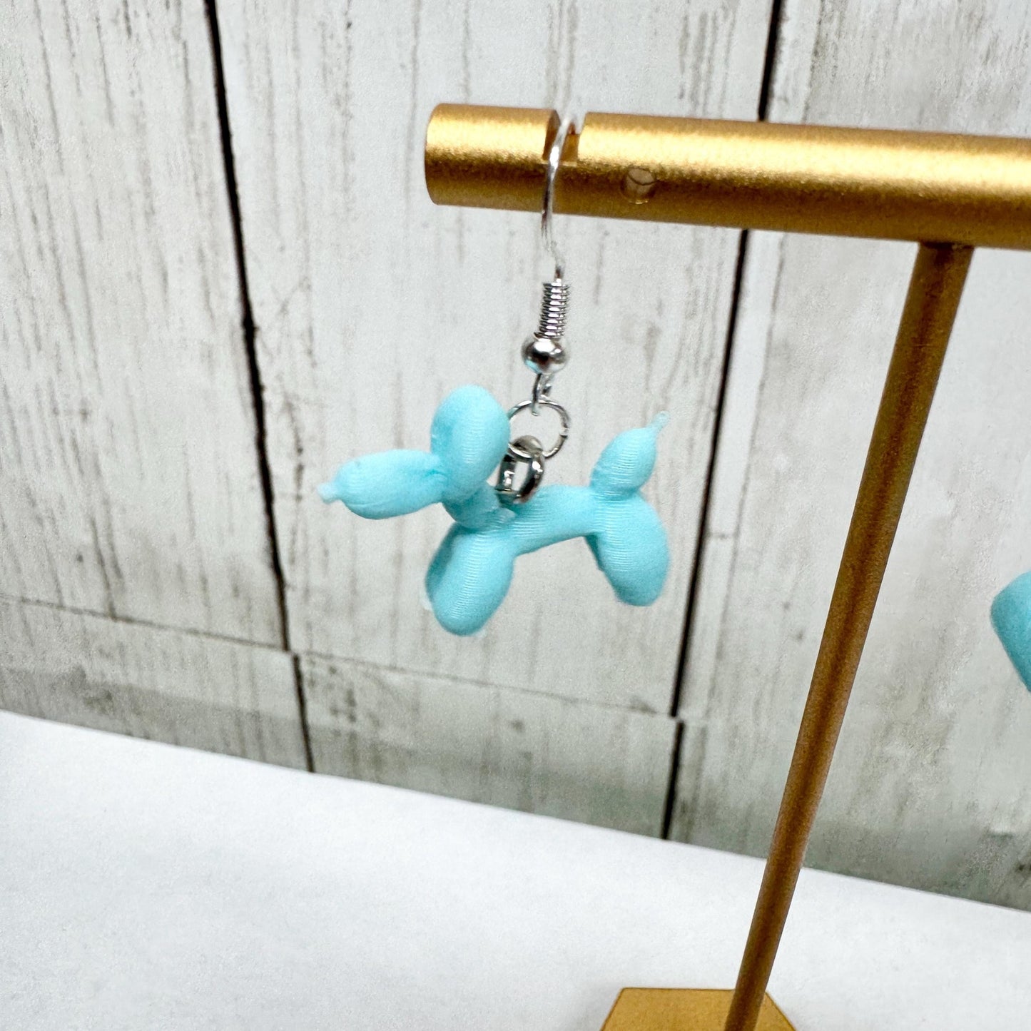3D Printed Blue Balloon Dog Dangle Earrings Unique Design Fun Fashion Accessory