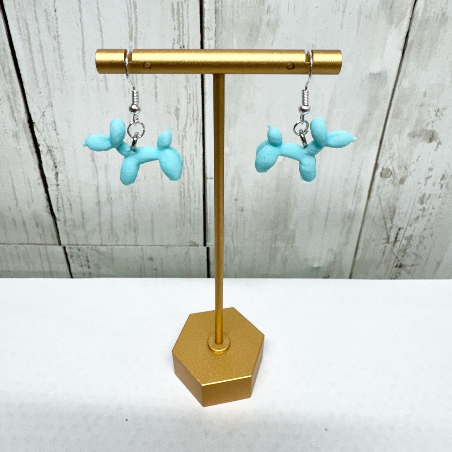 3D Printed Blue Balloon Dog Dangle Earrings Unique Design Fun Fashion Accessory