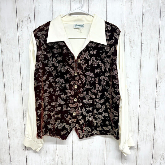 VTG JOANNA Shirt Women Size L Button Down Floral Velvet Long Sleeve Collared