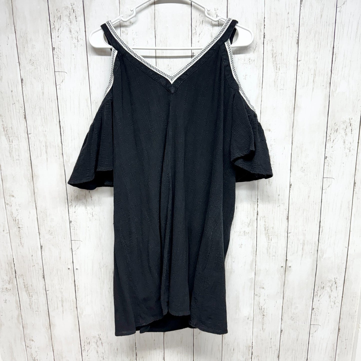 LUXOLOGY Dress Women Size 10 Black White Trim Mini Off Shoulder Cotton Boho